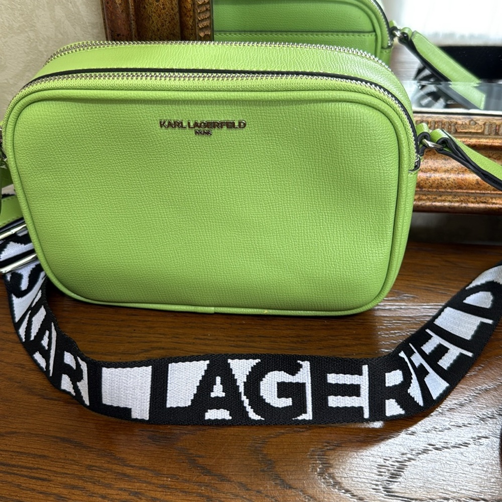 New Karl Lagerfeld Green Crossbody Bag. Black-white adjust/logo strap. 2 sides